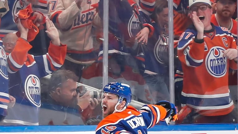 Edmonton Oilers' Jason Dickinson (16) celebrates a goal against the...