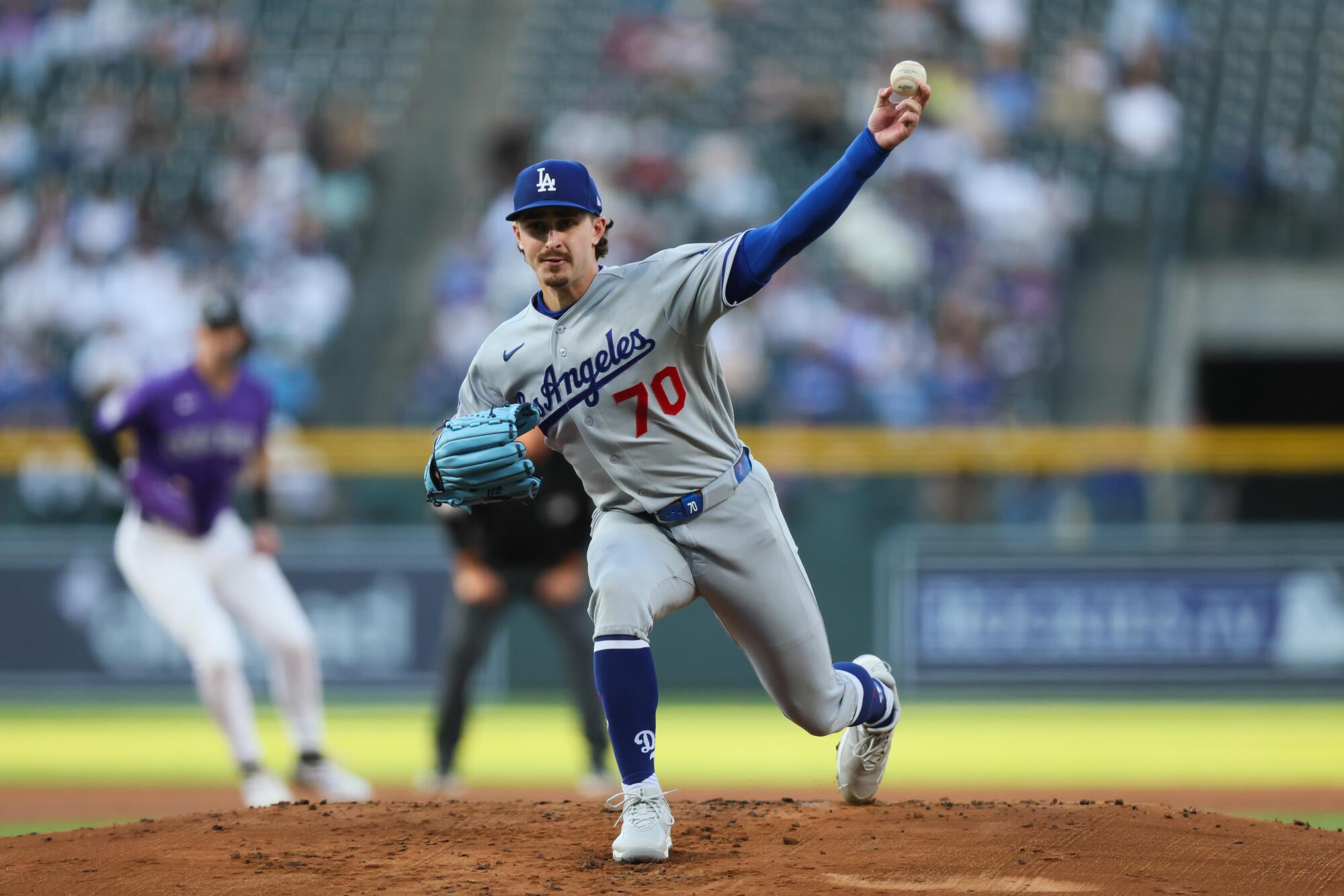 Dodgers starting pitcher Justin Wrobleski delivers during the first inning against the Rockies.
