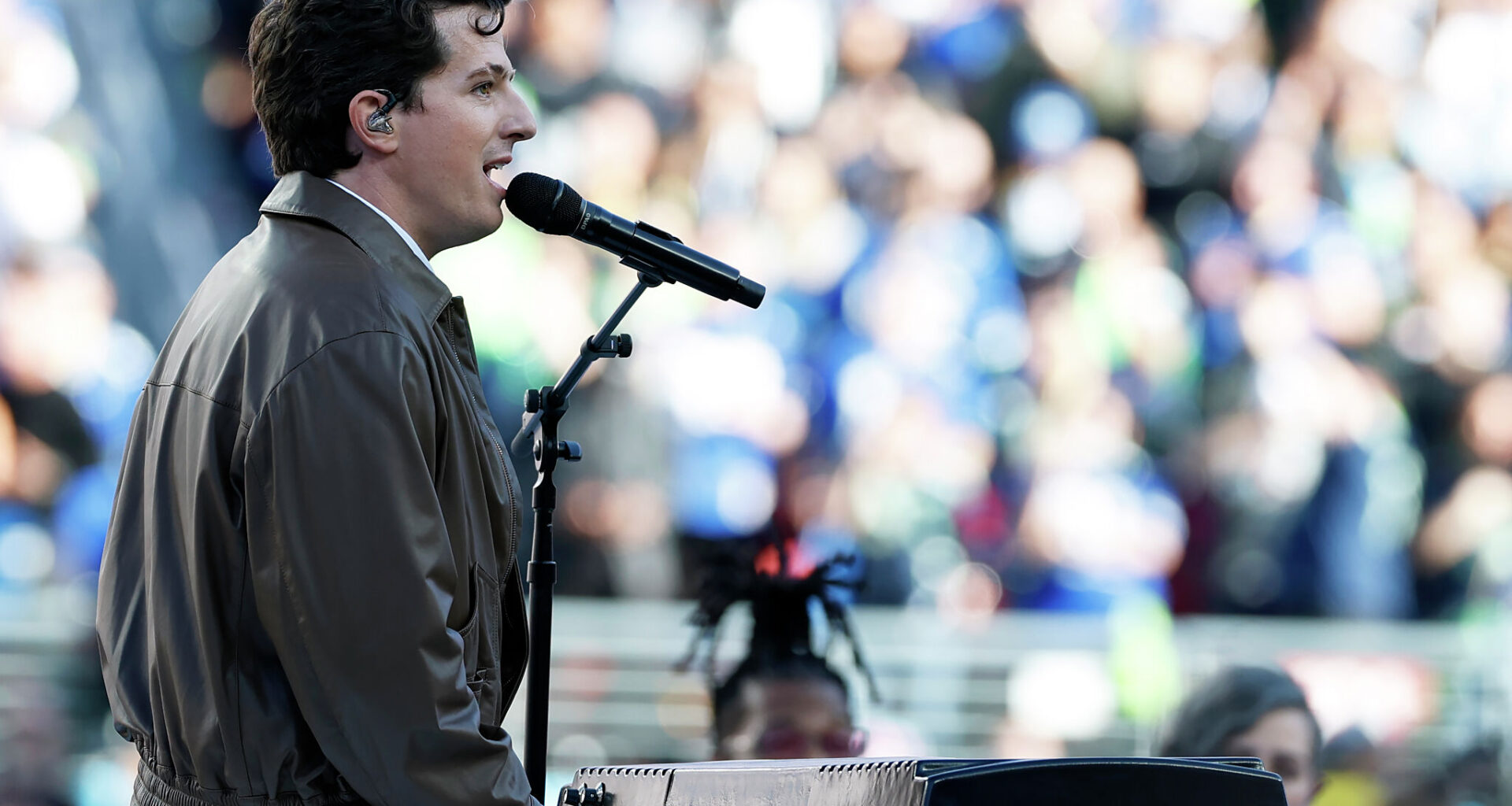 Grammy-nominated singer Charlie Puth performs the national anthem during pregame festivities for Super Bowl at Levi’s Stadium in Santa Clara on Feb. 8.