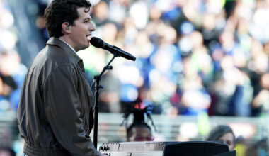 Grammy-nominated singer Charlie Puth performs the national anthem during pregame festivities for Super Bowl at Levi’s Stadium in Santa Clara on Feb. 8.