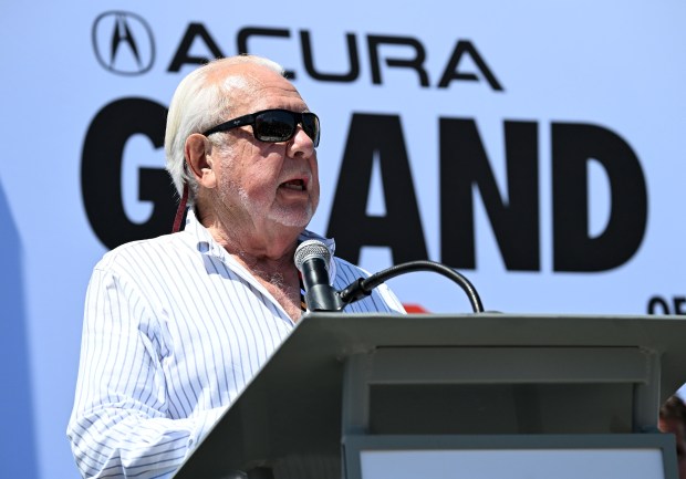 Cofounder of the Grand Prix of Long Beach, Chris Pook talks about his friend and founding staff member Jim Michaelian, who passed on March 21, 2026, speaks to race fans prior to the INDYCAR race during the 51st Grand Prix of Long Beach in Long Beach on Sunday, April 19, 2026 (Photo by Dean Musgrove, Los Angeles Daily News/SCNG)