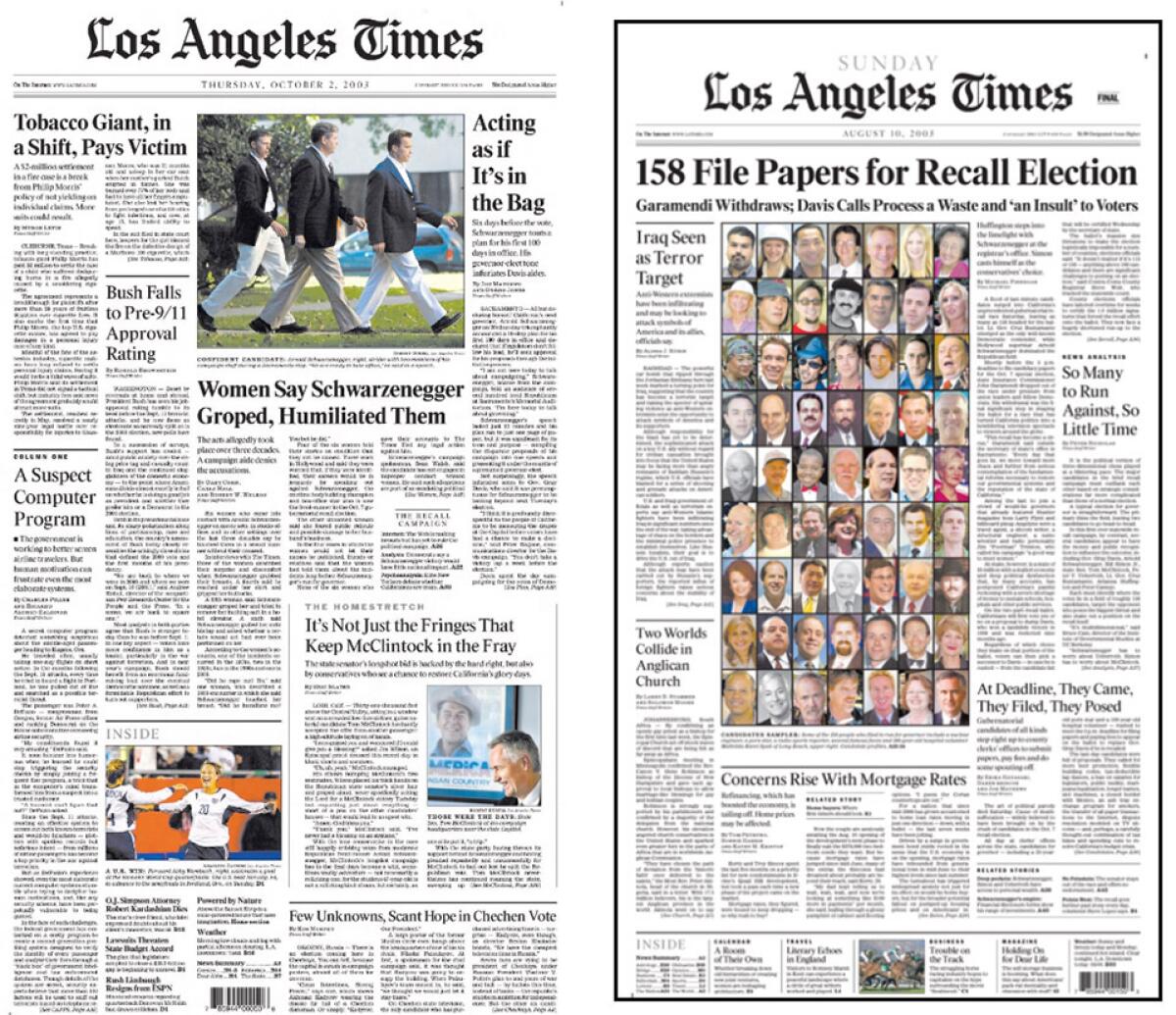 2003 front pages during California recall