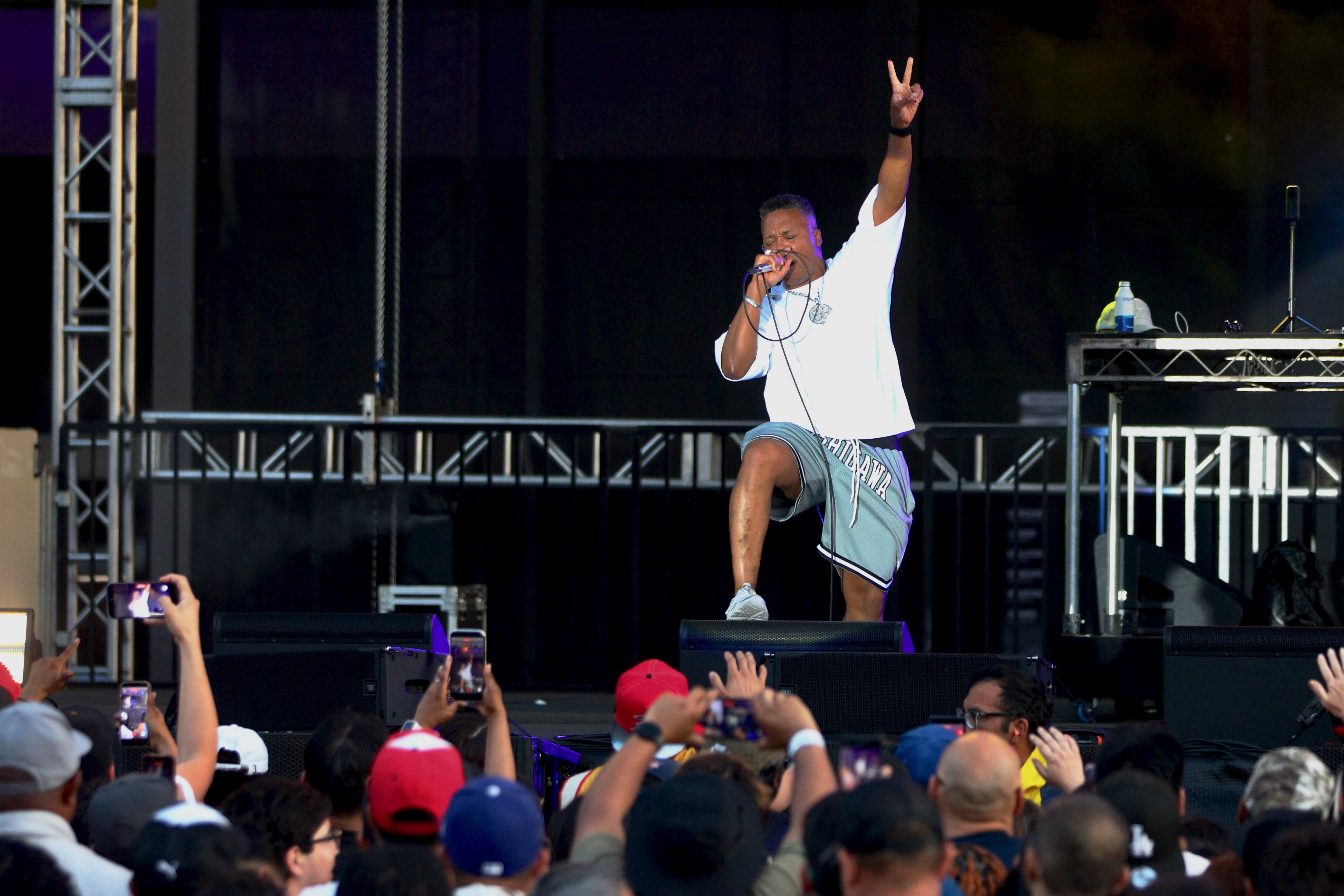 Rapper Lupe Fiasco performs at the Friday evening concert to...