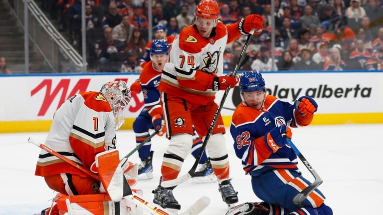 Anaheim Ducks goaltender Lukas Dostal (1) makes a save against...