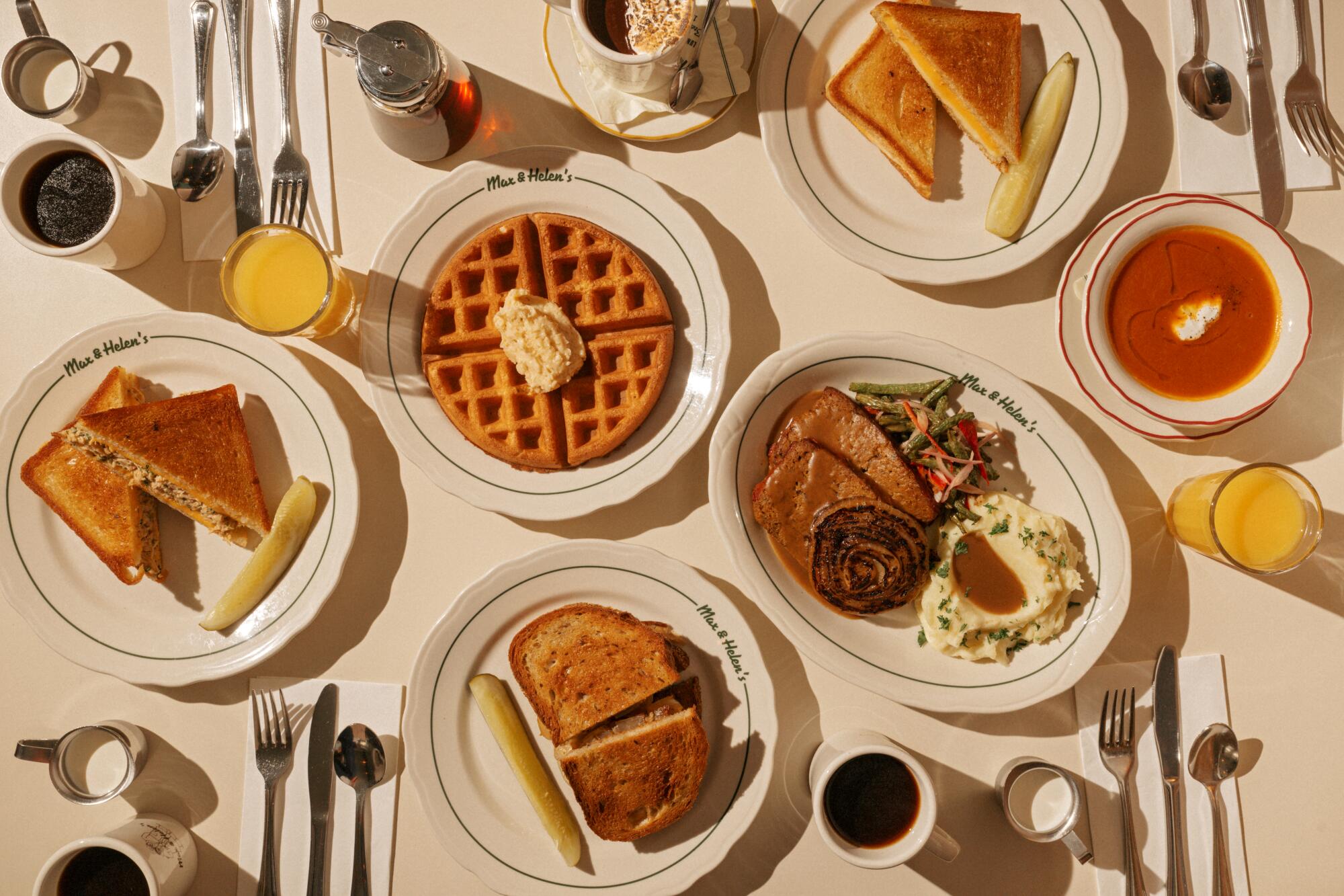 Spread of breakfast and lunch & dinner dishes at Max & Helen's in Larchmont in L.A.