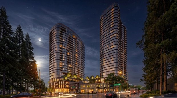 Evening view of two housing towers at 5727 College Avenue in the Rockridge district of north Oakland, concept.(SCB)