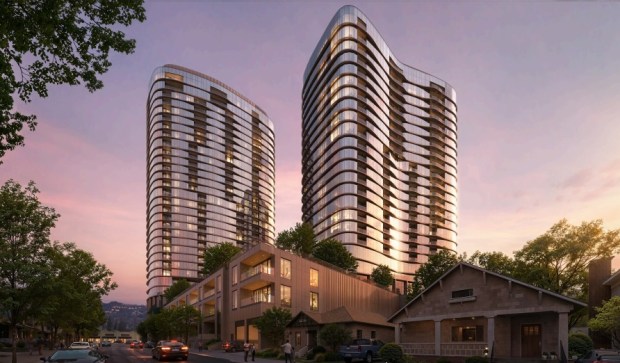 Street-level view of two housing towers at 5727 College Avenue in the Rockridge district of north Oakland, concept.(SCB)
