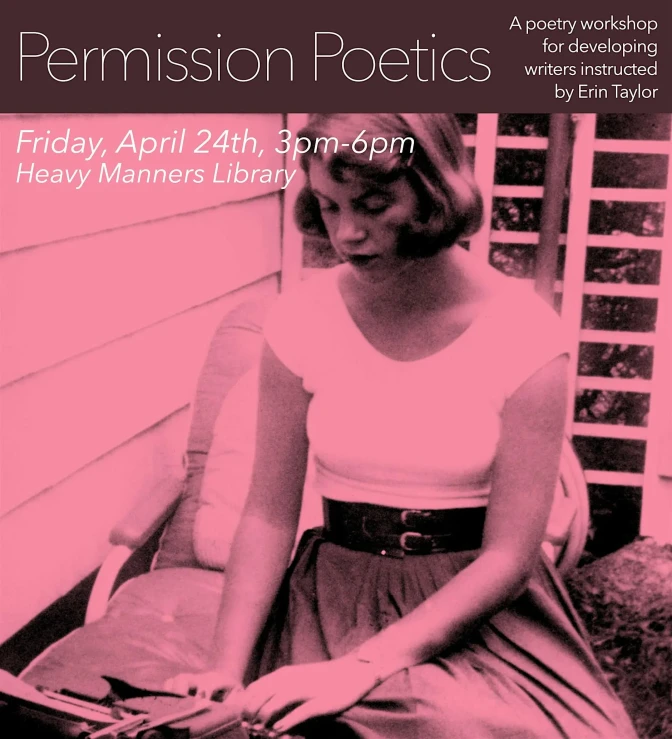 A pink-hued poster for "Permission Poetics" featuring a woman in a white shirt and skirt typing on a typewriter. 