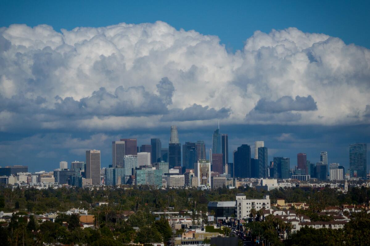 Downtown Los Angeles skyline with clouds