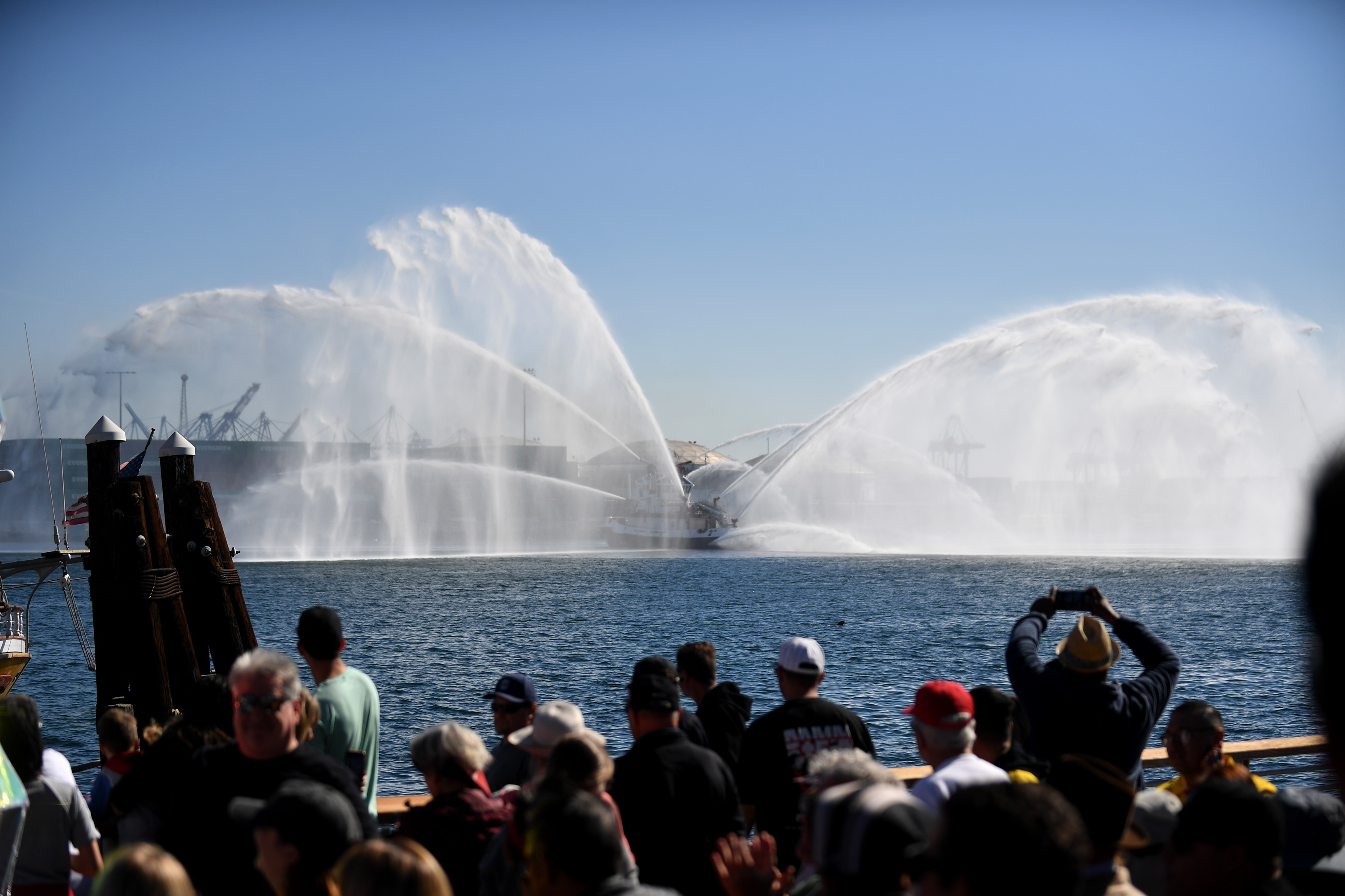 An LA Harbor fireboat displays its might during groundbreaking ceremonies...