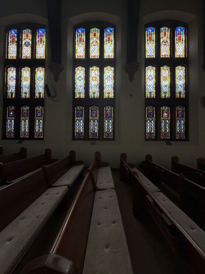 Stained glass windows in a chapel.