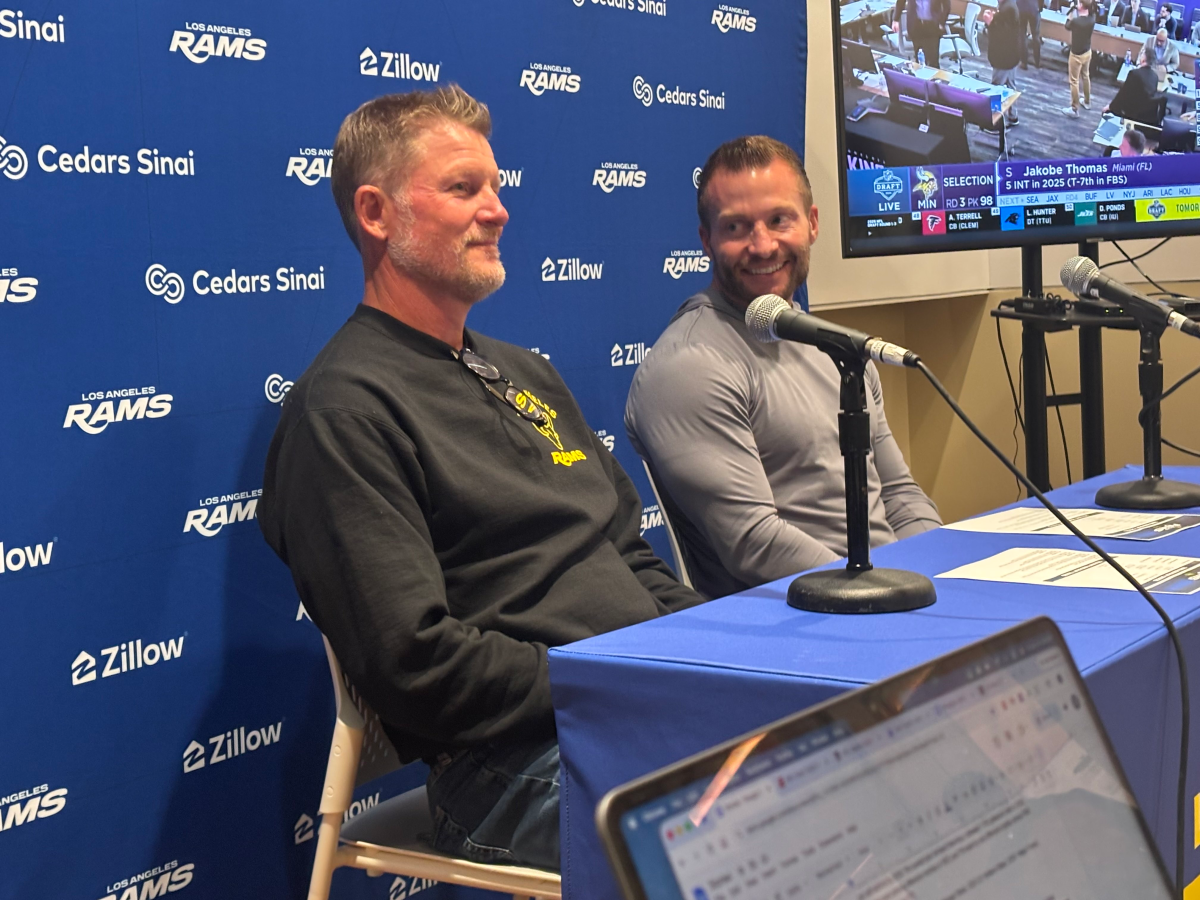 Rams general manager Les Snead, left, and coach Sean McVay are all smiles.