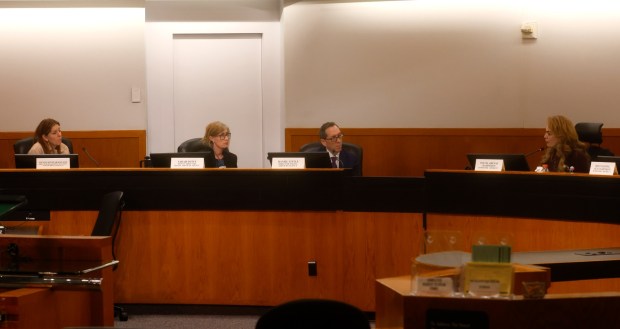 Santa Clara County Supervisor Sylvia Arenas, far right, confronts, from left to right, Wendy Kinnear-Rausch, director of the Department of Family and Children Services, Sarah Duffy, deputy director of the Social Services Agency, and Daniel Little, director of the Social Services Agency, during a Children and Families committee meeting at the Santa Clara County Building in San Jose, Calif., on Thursday, April 23, 2026. (Nhat V. Meyer/Bay Area News Group)