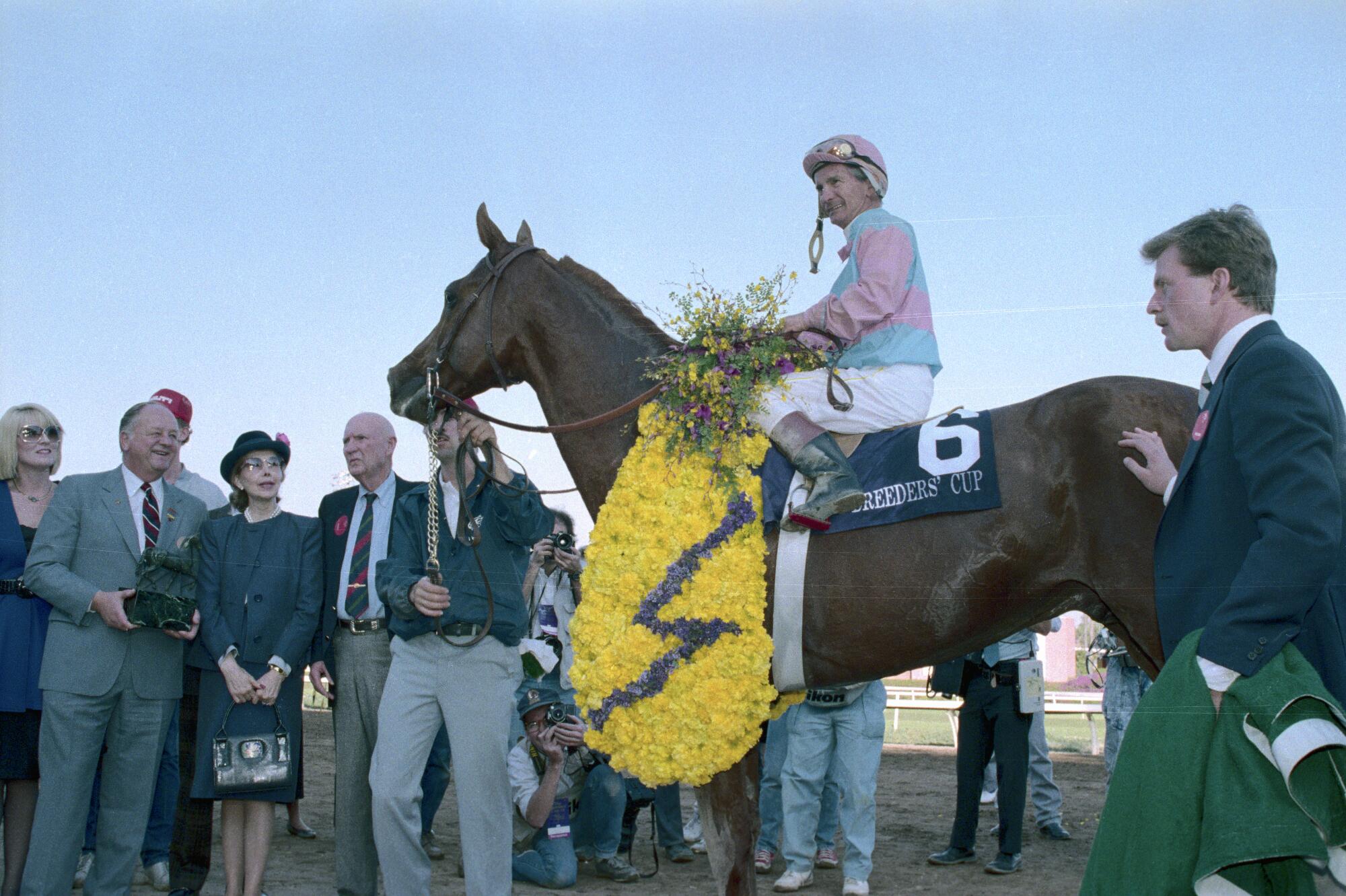 Jockey Billy Shoemaker smiles as he rides Ferdinand at Hollywood Park after winning the Breeder's Cup. 