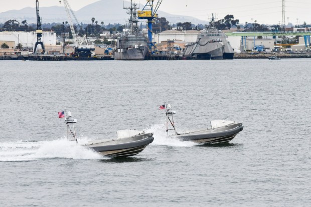 CORONADO (May 15, 2024) - Global Autonomous Reconnaissance Craft (GARC) from Unmanned Surface Vessel Squadron 3 (USVRON 3) operate remotely in San Diego Bay ahead of the unit's establishment ceremony. The 16-foot GARCs built by Maritime Applied Physics Corporation enable research, testing, and operations that will allow integration throughout the surface, expeditionary, and joint maritime forces. (U.S. Navy photo by Mass Communication Specialist 1st Class Claire M. DuBois)