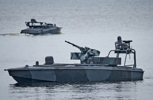 FILE - Sea Baby drones ride on the water during a demonstration by Ukraine's Security Service in an undisclosed location in Ukraine, Oct. 17, 2025. (AP Photo/Efrem Lukatsky, File)