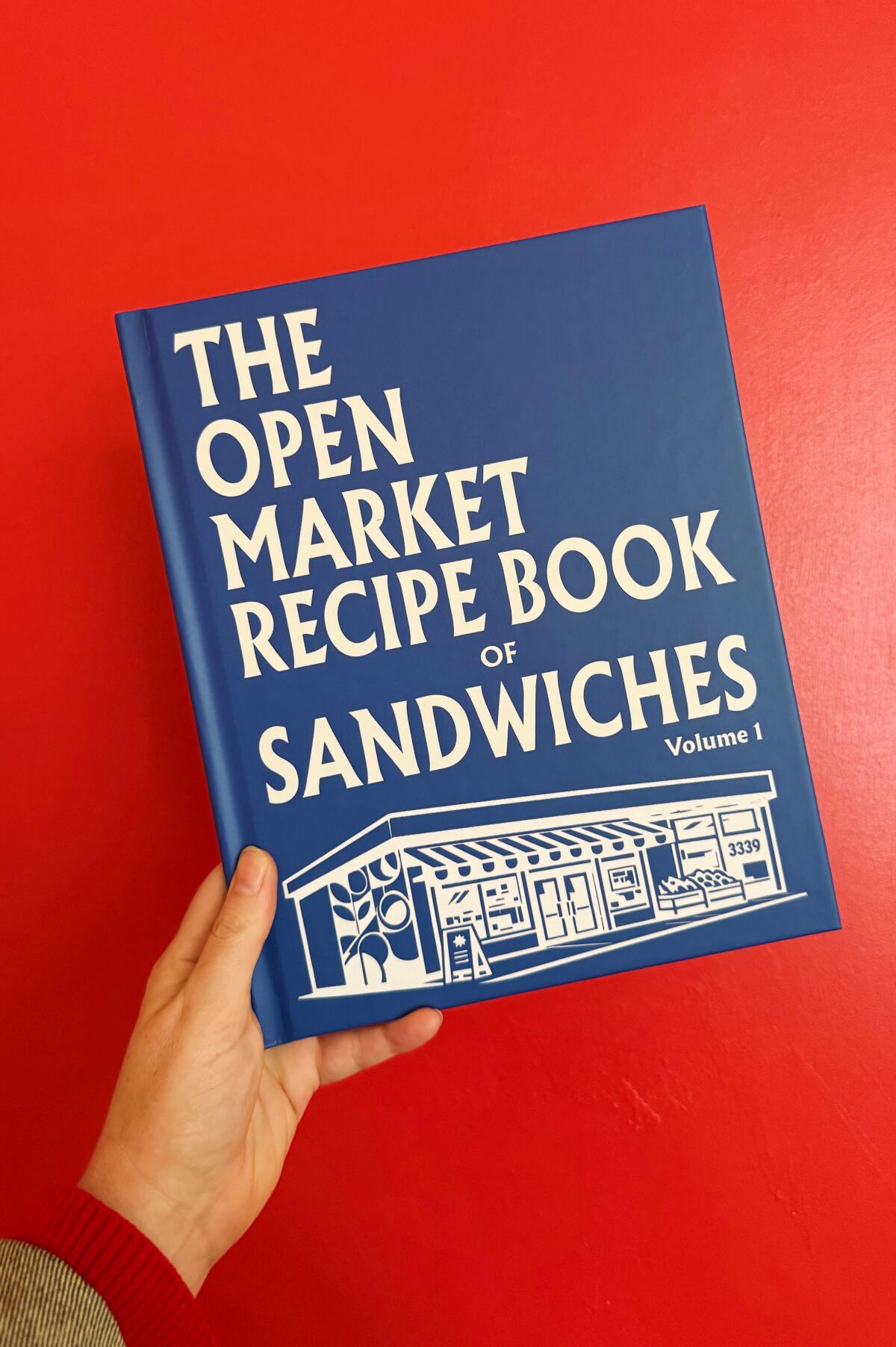 A hand holds a blue-and-white cookbook against a red wall