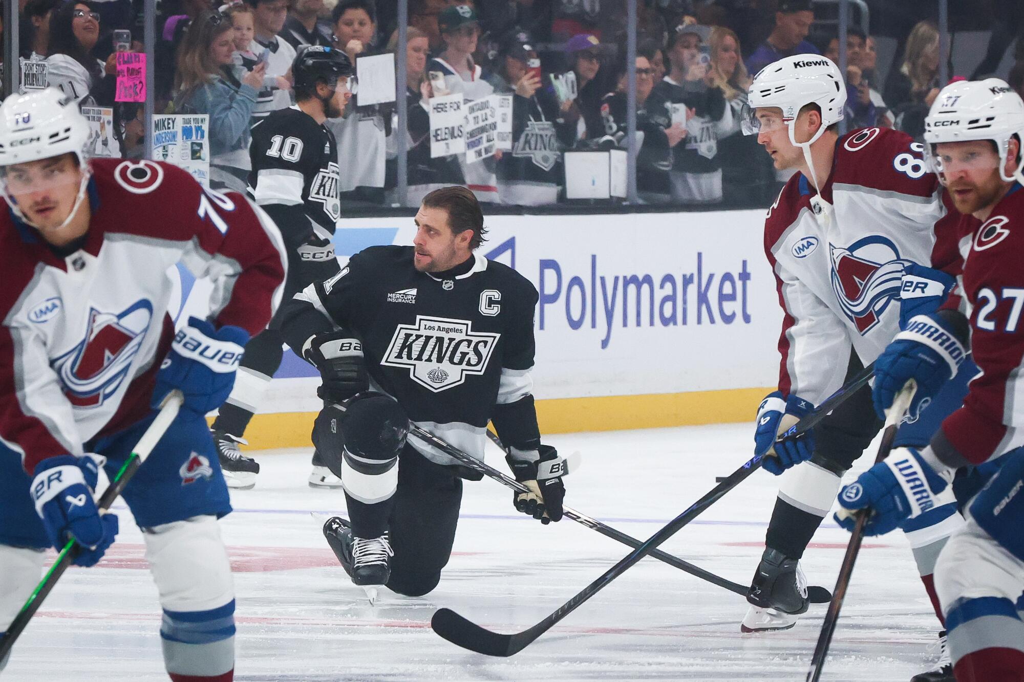 Kings center Anze Kopitar warms up before Game 4 against the Colorado Avalanche on Sunday at Crypto.com Arena.