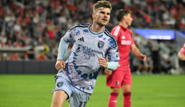 San Jose Earthquakes forward Timo Werner (11) celebrates after scoring against St. Louis CITY SC in the second half at Energizer Park.