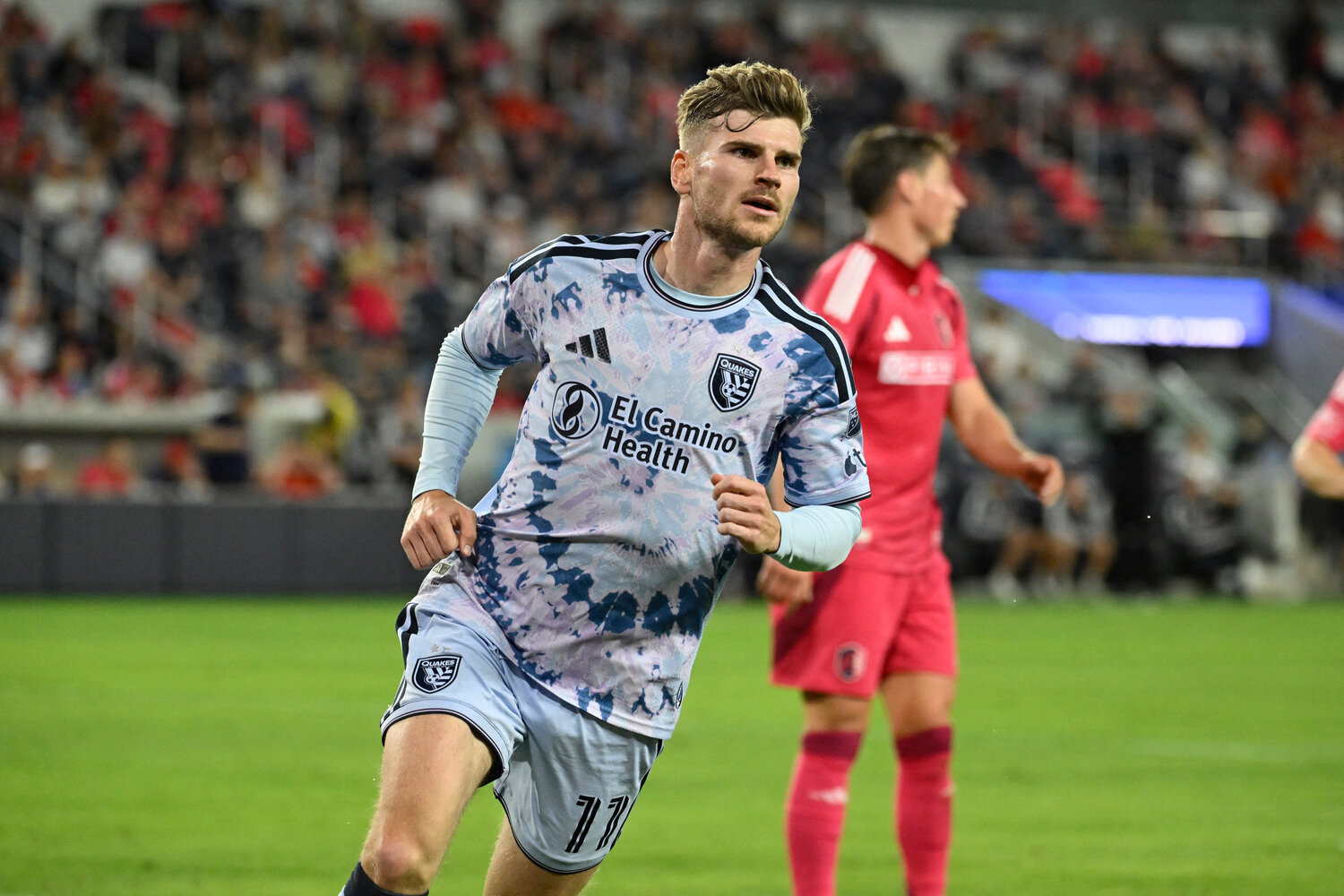 San Jose Earthquakes forward Timo Werner (11) celebrates after scoring against St. Louis CITY SC in the second half at Energizer Park.