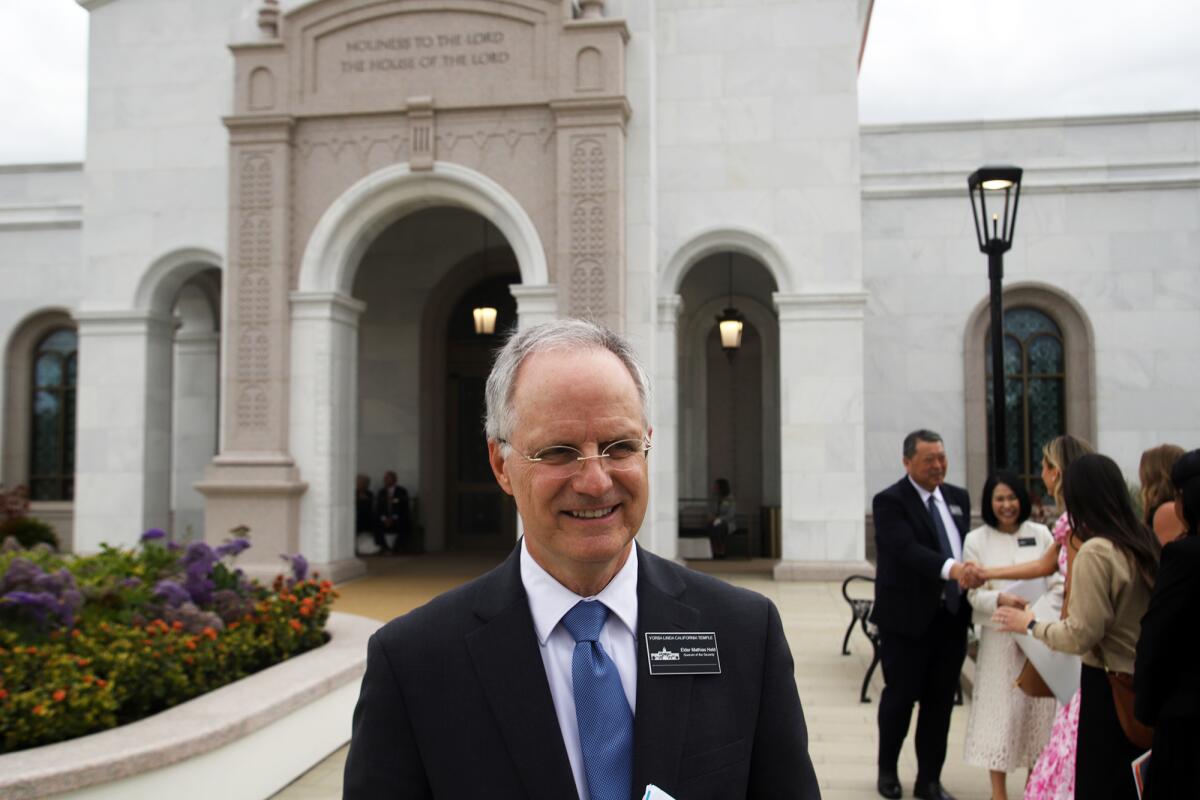 Elder Mathias Held prepares to give a tour of the new Yorba Linda California Temple on Monday.