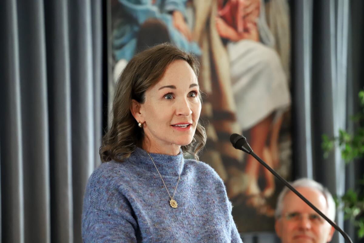 Domine Solesbee speaks before a tour of Yorba Linda California Temple on Monday.