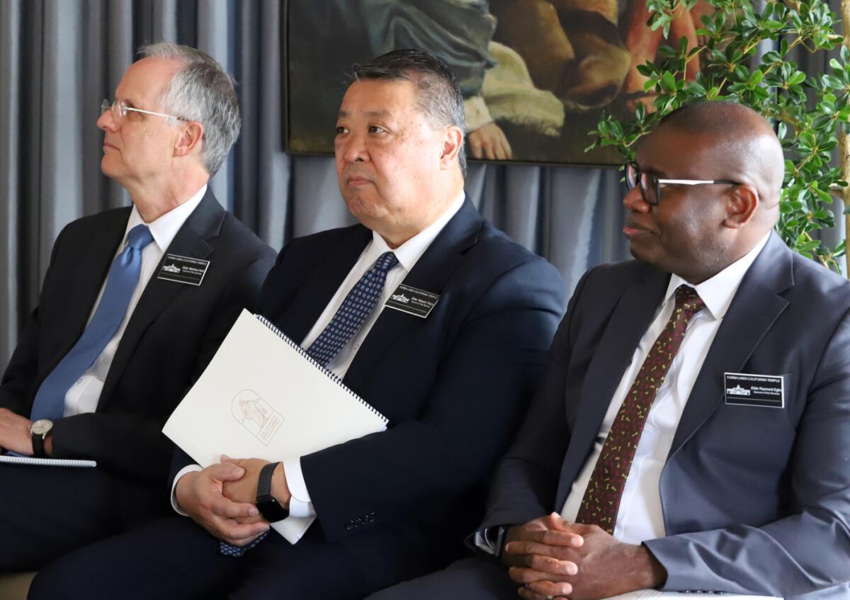 Elder Mathias Held, left, Elder Takashi Wada, and Elder Raymond Egbo were guest speakers at Yorba Linda California Temple.