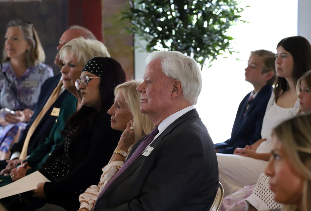 Guests listen to speakers at the Yorba Linda California Temple of the Church of Jesus Christ of Latter-day Saints.