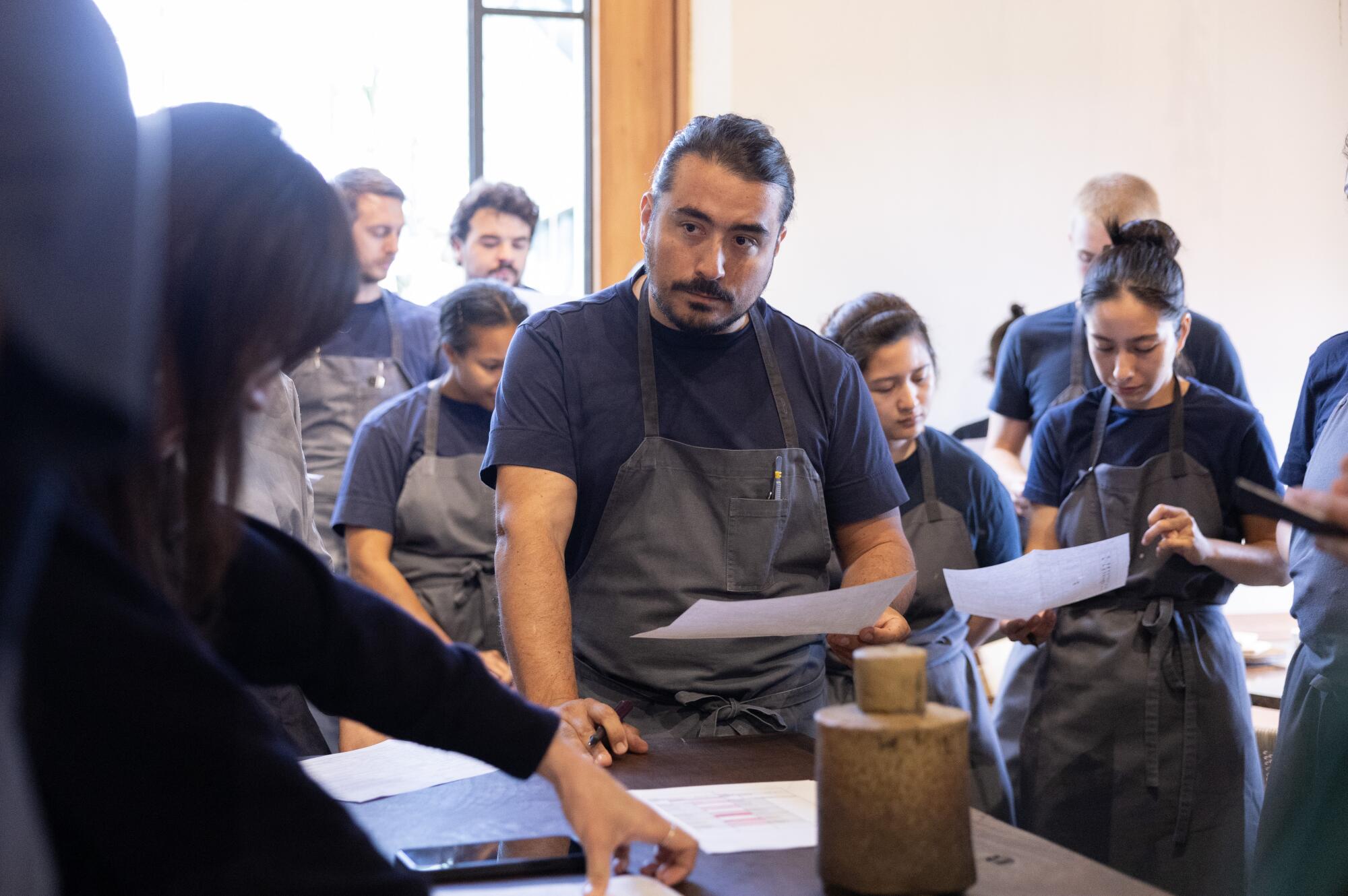 Chef Pablo Soto during a team meeting at Noma LA, the pop-up at the Paramour Estate. 