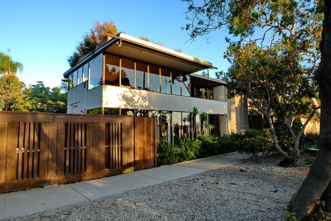 A house with large windows and a flat roof is seen in Silver Lake, Los Angeles.