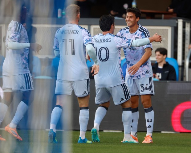 San Jose Earthquakes' Beau Leroux (34) celebrates his goal with teammates, including San Jose Earthquakes' Niko Tsakiris (10) against Minnesota United FC in the first half of the U.S. Open Cup round of 16 at PayPal Park in San Jose, Calif., on Tuesday, April 28, 2026. (Nhat V. Meyer/Bay Area News Group)