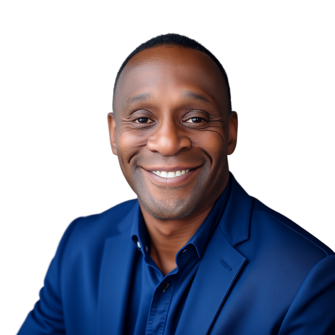 a smiling man with short hair wearing a blue blazer over a blue button-up collared shirt