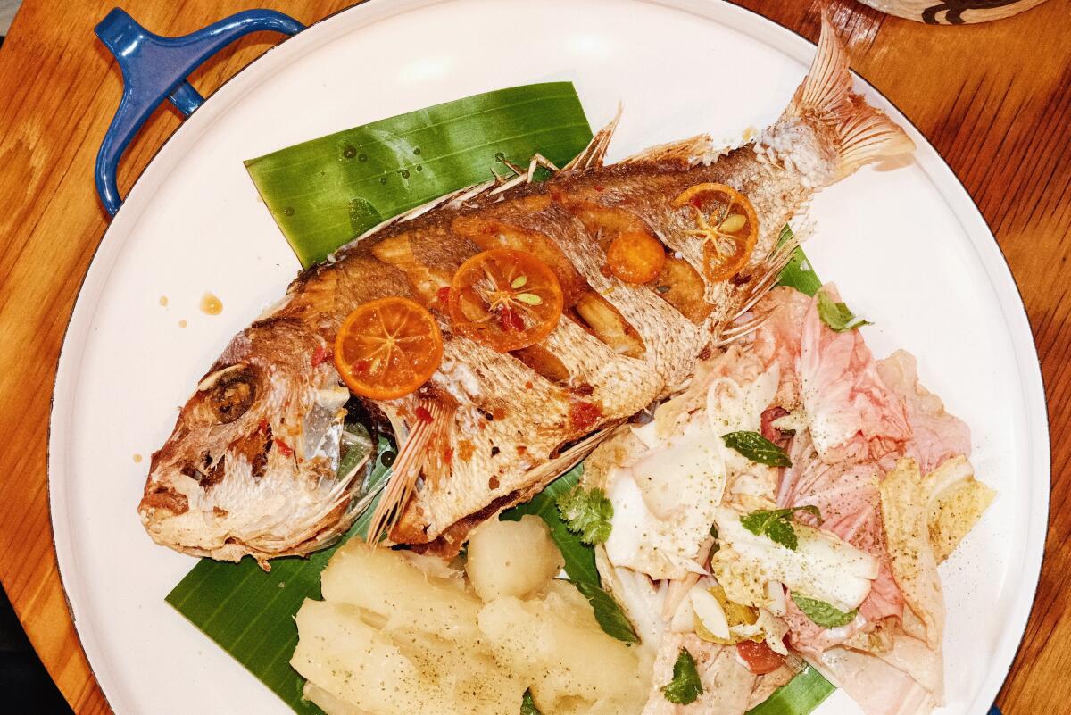 A fried whole snapper with yuca and salad in a large white-and-blue serving tray