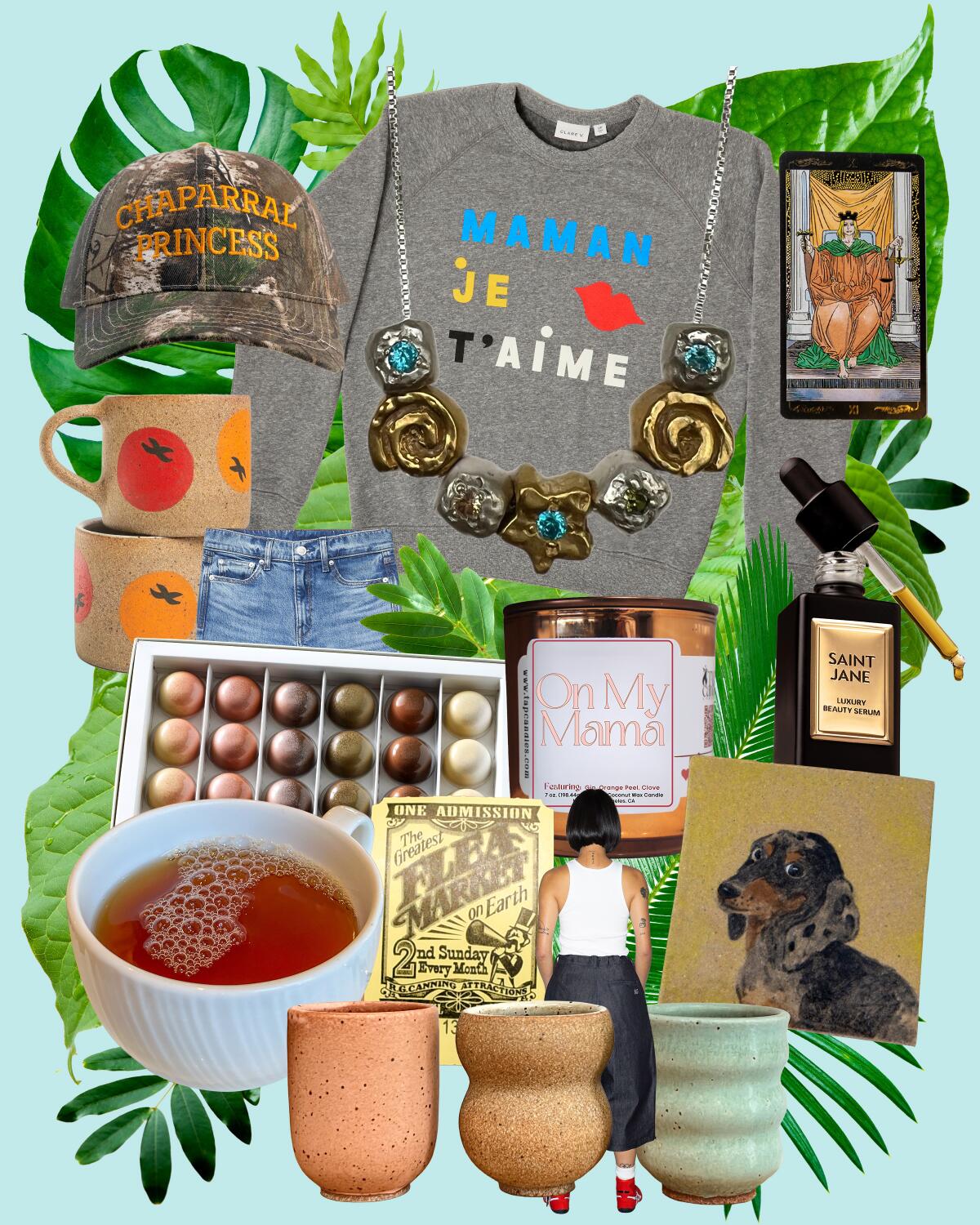 photo collage of Mother's Day gifts with bright green plants in the background