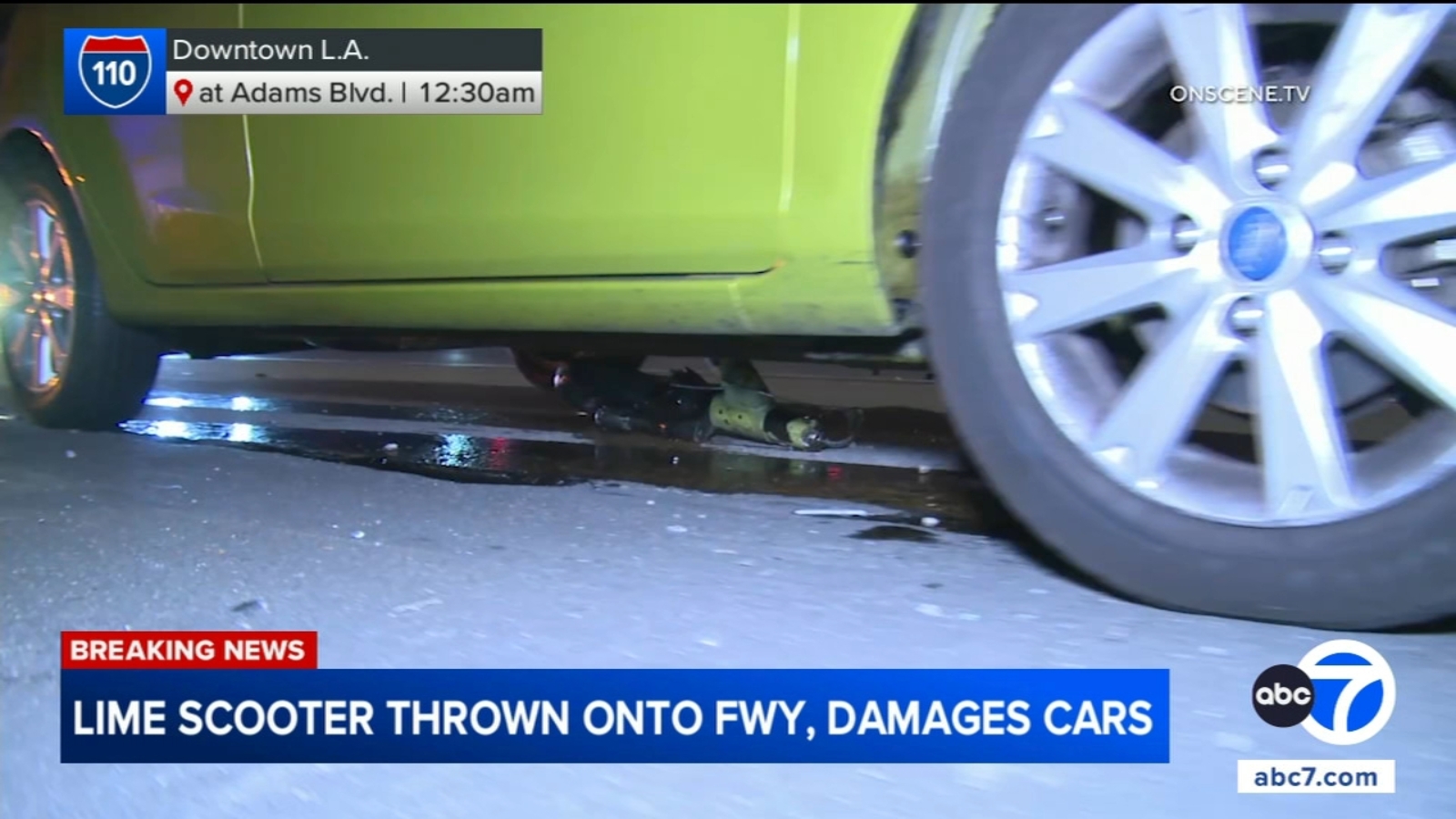 Cars damaged after Lime scooter tossed onto 110 Freeway in downtown Los Angeles