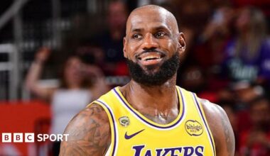 LeBron James smiles while playing for the Los Angeles Lakers against the Houston Rockets in game three of their 2026 NBA play-off series