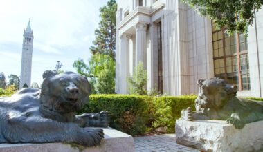 Macchi Bears, McLaughlin Hall, and the Campanile at UC Berkeley in Berkeley, Calif. on Wednesday, Nov. 18, 2015. (Photo by Steve McConnell/Berkeley Engineering)