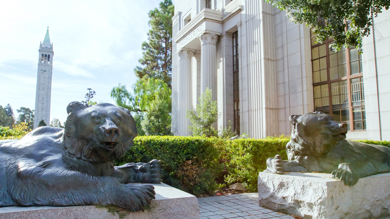 Macchi Bears, McLaughlin Hall, and the Campanile at UC Berkeley in Berkeley, Calif. on Wednesday, Nov. 18, 2015. (Photo by Steve McConnell/Berkeley Engineering)
