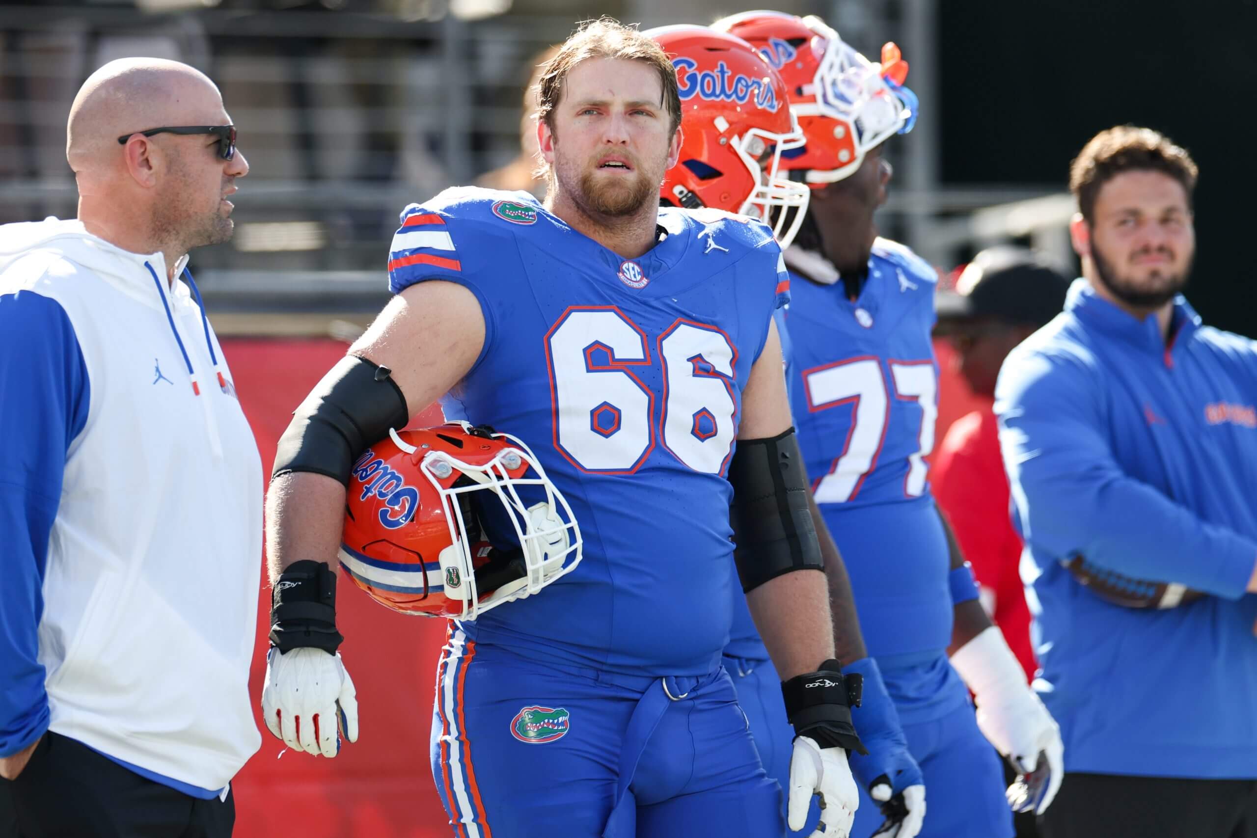 Florida Gators offensive lineman Jake Slaughter (66) looks on during warm ups before the game against the Georgia Bulldogs.