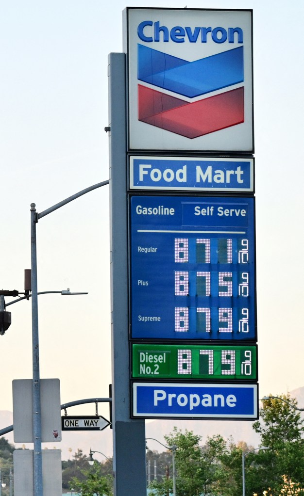Chevron gas station sign displaying prices for regular, plus, and supreme gasoline, as well as diesel and propane.