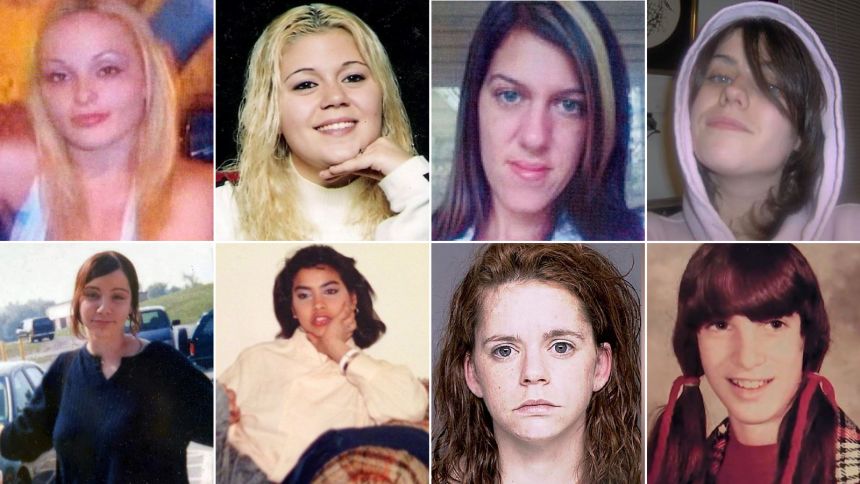 Rex Heuermann's victims. Top row, left to right: Melissa Barthelemy, Megan Waterman, Amber Lynn Costello, and Maureen Brainard-Barnes. Bottom row, left to right: Jessica Taylor, Sandra Costilla, Valerie Mack, and Karen Vergata.