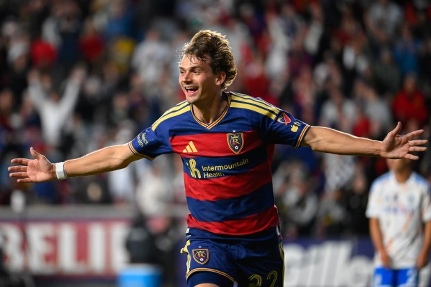 SANDY, UTAH - APRIL 18: Sergi Solans #22 of the Real Salt Lake celebrates as goal during a MLS match between Real Salt Lake and San Diego FC at America First Field on April 18, 2026 in Sandy, Utah. (Photo by Alex Goodlett/Getty Images)