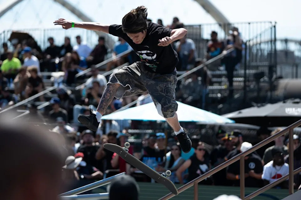 A participant in the Men's Wild Card Jam hits a 360 flip over the ramp during SLS Takeover Saturday, April 4th, 2026 in Downtown Los Angeles