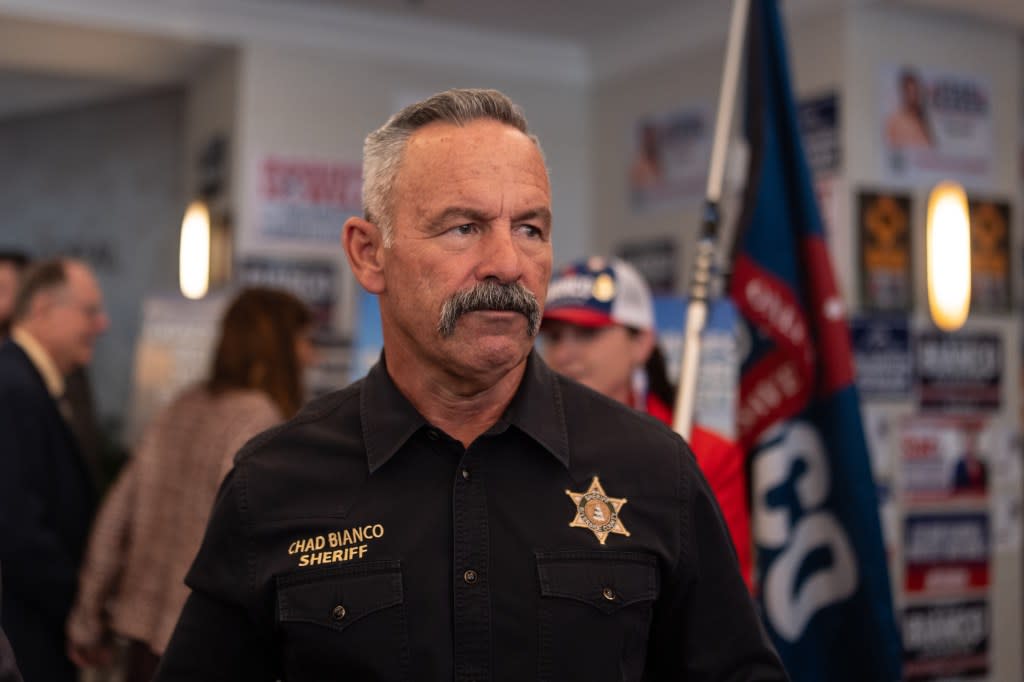 California gubernatorial candidate Riverside County Sheriff Chad Bianco listens to a supporter at the California Republican Party Convention in San Diego, Friday, April 10, 2026. AP