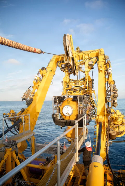 PACIFIC OCEAN (March 4, 2026) The specialized Launch and Recovery System (LARS) returns the pressurized rescue module (PRM-1) Falcon aboard Hornbeck Offshore Services (HOS) ship Mauser following the completion of a controlled manned dive evolution off the coast of San Diego, March 4, 2026. URC is composed of active duty and Reserve Component Sailors and operations and maintenance contractor located in San Diego, Calif., and is home to the U.S. Navy’s manned deep diving submarine rescue submersible. The team provides administrative, maintenance, operations, and logistics oversight for the Submarine Rescue Diving and Recompression System (SRDRS) and Sibitzky Remotely Operated Vehicle (ROV). (U.S. Navy photo by Mass Communication Specialist 1st Class Tiarra Brown)