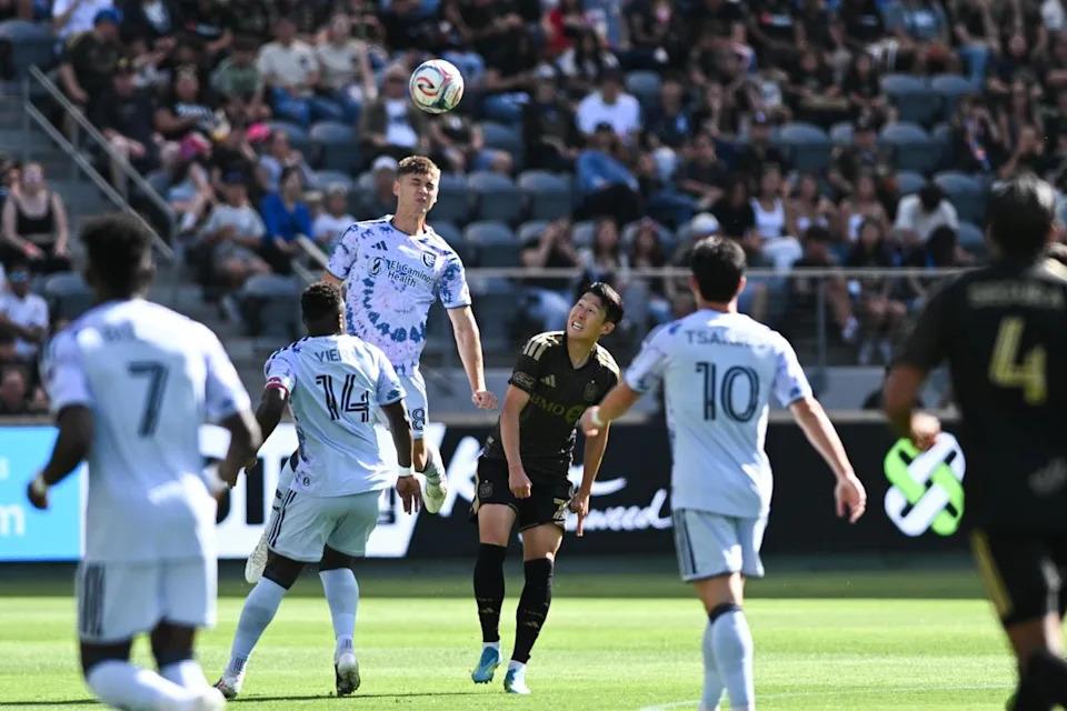 San Jose Earthquakes defender Reid Roberts (18) heads the ball during an MLS game between LAFC and San Jose Earthquakes on Sunday, April 19, 2026 at BMO Stadium In Los Angeles Calif at BMO Stadium in Los Angeles Calif