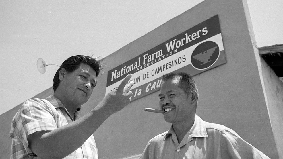 Cesar Chavez mural in downtown Bakersfield vandalized with “Believe Survivors” graffiti (AP Photo/Harold Filan, File)