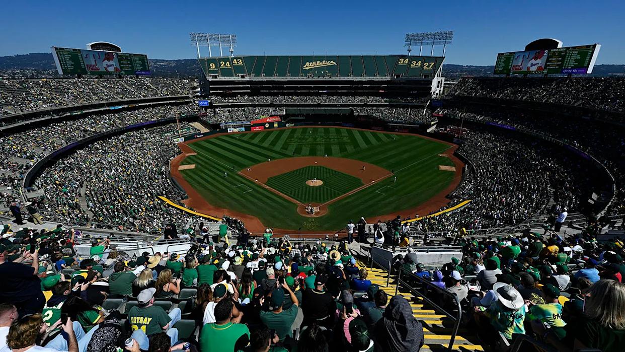 A general view of Oakland Coliseum ballpark during the final Oakland Athletics game.