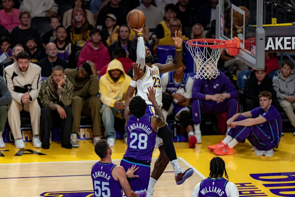 Los Angeles Lakers forward LeBron James (23) jumping for a 2 point shot during an NBA basketball game against the Utah Jazz on April 12th, 2026 in Los Angeles, CA.