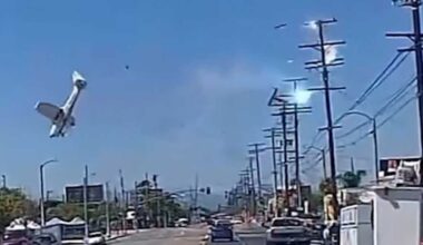 Video shows plane clip power line, crash in California